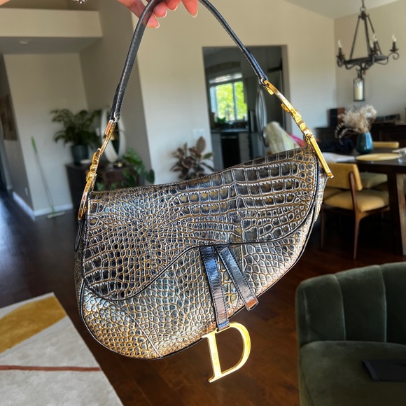Dior crocodile bag Saddle Embossed Green/Blue gold hardware , rare find - Picture 15 of 16